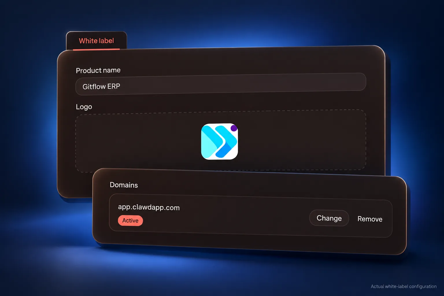White label settings: a product name field, a logo upload and a Domains panel with a custom domain marked Active.